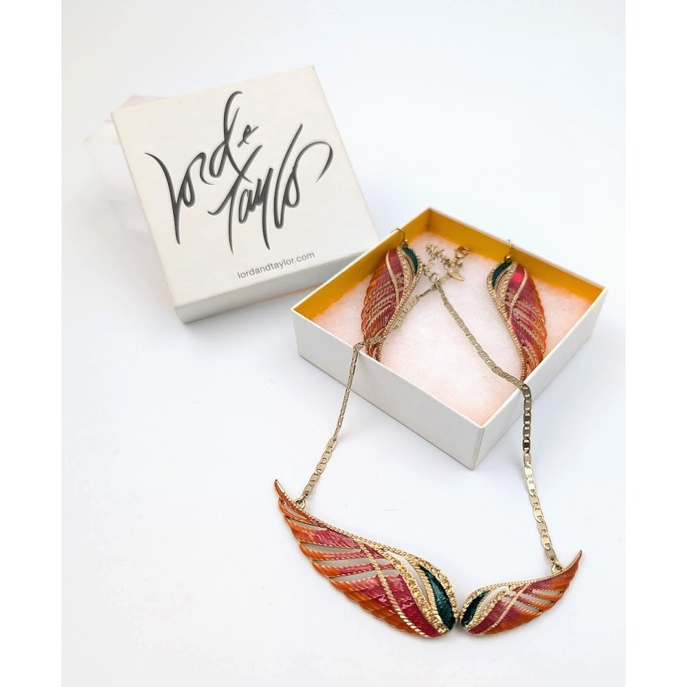 Lord & Taylor Wing Necklace Earrings Set Enamel Orange Egyptian Revival